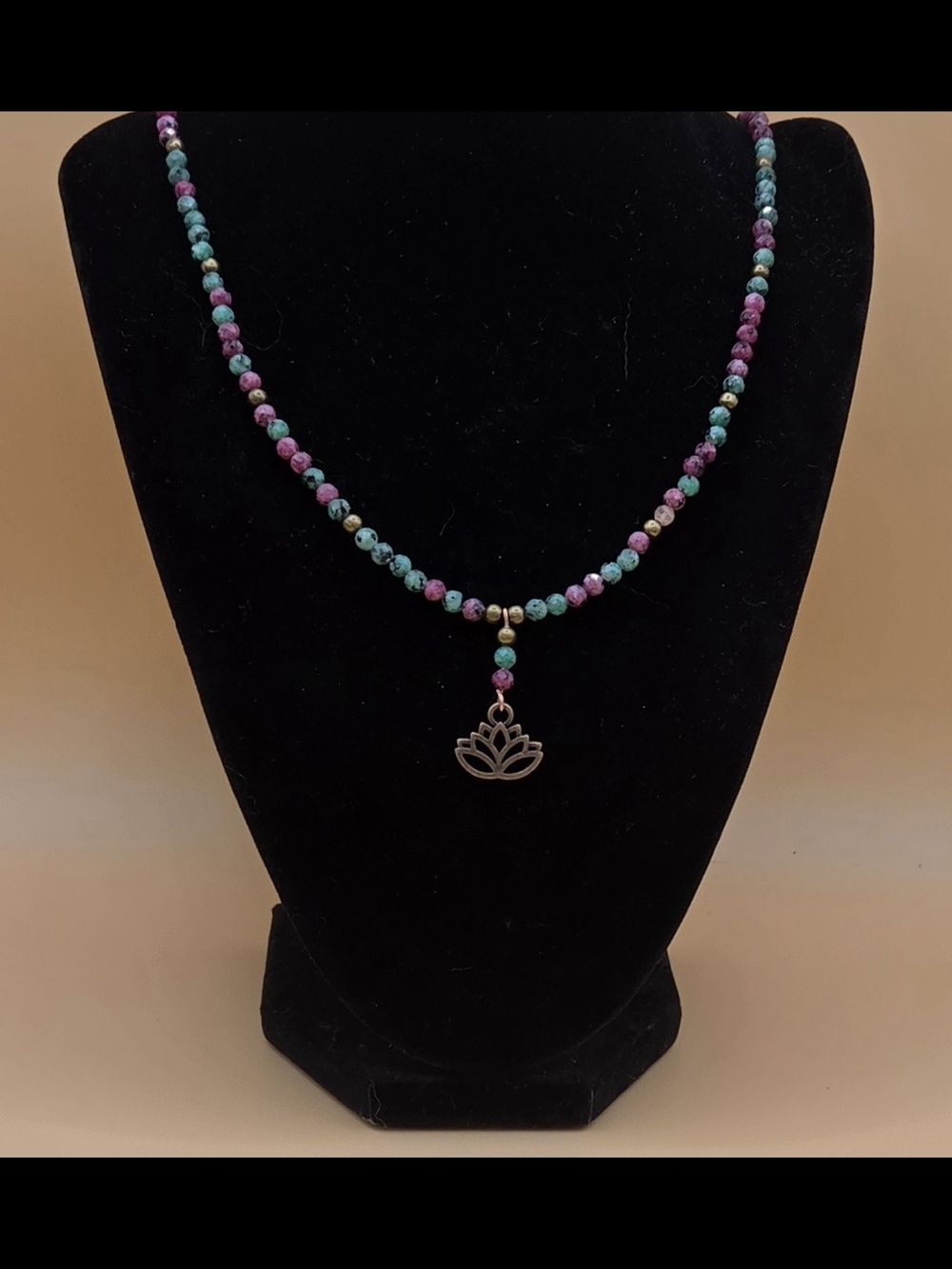 Ruby Zoisite, Bronze and Copper Beaded Necklace With Lotus Pendant